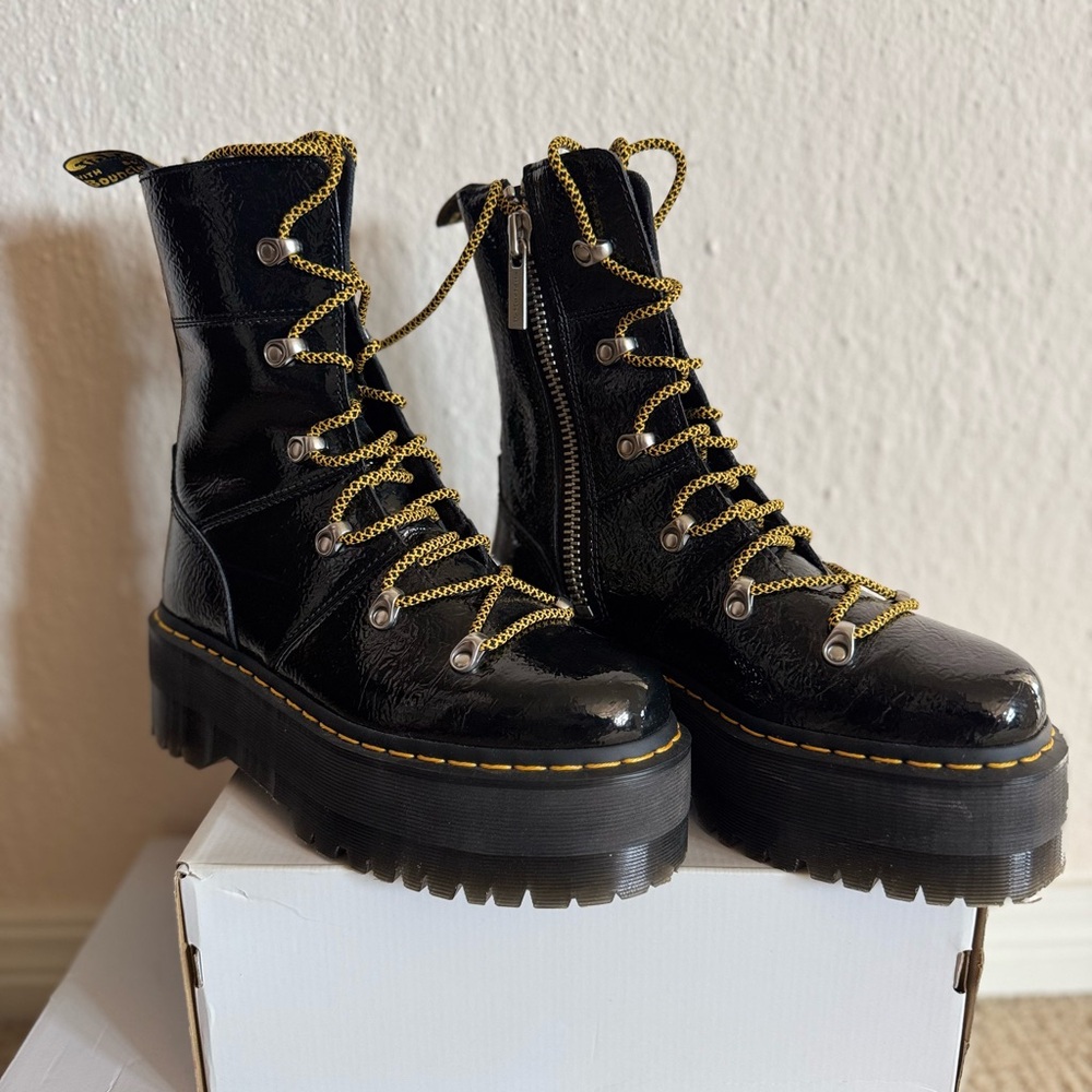 Dr Martens Black patent leather Combat Moto Boots with Chunky Platform